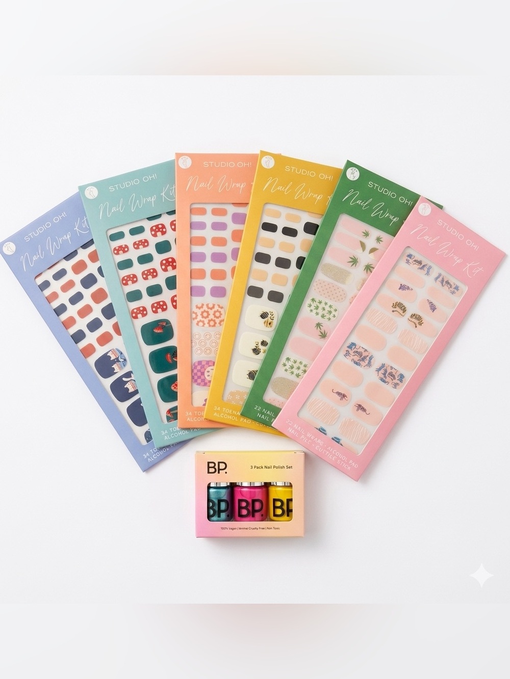 6 Studio Oh! Nail Wrap Kits + BP. 3 pk Nail Polish Set, Mani-Pedi Glam Bundle
